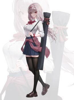 1girl absurdres alternate_costume black_tank_top blue_skirt bow bowtie breasts brown_shoes clothes_around_waist goddess_of_victory:_nikke greenpie grey_hair hairband hashtag-only_commentary highres large_breasts long_hair looking_at_viewer purple_sweater red_bow red_bowtie red_eyes red_hairband scarlet_(nikke) scrunchie shirt shoes skirt solo sweater sweater_around_waist tank_top thighs white_background white_shirt wrist_scrunchie zoom_layer