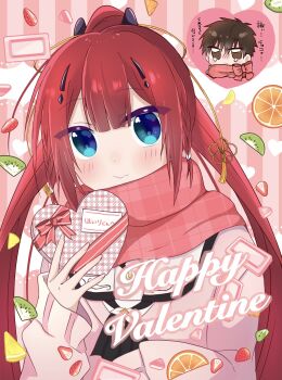 1boy 1girl adapted_costume ascot black_ascot blue_eyes blunt_bangs blush bow box braid brown_eyes brown_hair cardigan center-flap_bangs chibi chibi_inset closed_mouth commentary food fruit gift hair_ornament hairclip hand_up happy happy_valentine heart-shaped_box hetero highres holding holding_gift kamiyama_shiki kiwi_(fruit) kiwi_slice lemon lemon_slice long_hair looking_at_viewer mumusubisan0704 nose_blush orange_(fruit) orange_slice pink_background pink_bow pink_cardigan pink_scarf plaid_clothes plaid_scarf ponytail red_hair sailor_collar scarf school_uniform serafuku short_hair sidelocks simple_background sleeves_past_wrists solo_focus spiked_hair split_ponytail straight_hair strawberry strawberry_slice summer_pockets summer_pockets_school_uniform takahara_hairi tassel tassel_hair_ornament tearing_up twin_braids upper_body valentine very_long_hair wavy_mouth white_sailor_collar