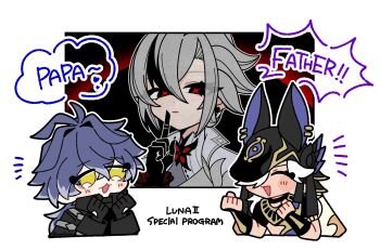 1girl 2boys ancient_egyptian_clothes arlecchino_(genshin_impact) black_coat black_eyes black_gloves blue_hair chibi chibi_only clenched_hands closed_eyes coat collared_coat commentary_request curly_hair cyno_(genshin_impact) english_text eye_symbol flins_(genshin_impact) friends genshin_impact gloves gradient_hair grey_coat grey_hair happy hat helmet highres index_finger_raised long_hair looking_at_viewer looking_to_the_side looking_up multicolored_eyes multicolored_hair multiple_boys open_mouth red_pupils shirt short_sleeves smug speech_bubble streaked_hair symbol-shaped_pupils tan umabinia white_shirt x_(symbol) x_x yellow_eyes