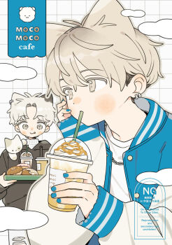 Rule 34 | 2boys, :p, animal ears, black hoodie, blonde hair, blue jacket, blush stickers, cat, cat boy, cat ears, chain, chain necklace, closed mouth, cloud, commentary, cup, disposable cup, donut, dot nose, drawstring, drinking, drinking straw, earrings, food, grey eyes, grey outline, highres, holding, holding cup, holding tray, hood, hood down, hoodie, jacket, jewelry, long sleeves, male focus, moi03 moi08, multiple boys, necklace, open clothes, open jacket, original, outline, parted bangs, shirt, short hair, symbol-only commentary, tongue, tongue out, tray, twitter username, upper body, watermark, white background, white hair, white shirt