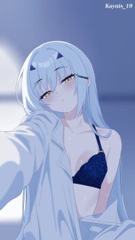 1girl bare_shoulders blue_bra blush bra breasts commentary english_commentary fate/grand_order fate_(series) forked_eyebrows hair_ornament hairclip highres kayu_manis19 long_hair long_sleeves looking_at_viewer melusine_(fate) off_shoulder shirt sidelocks small_breasts solo underwear white_hair white_shirt yellow_eyes