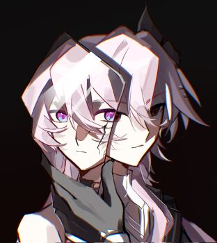 1girl black_background black_gloves blue_eyes choker collar dual_persona empty_eyes evernight_(honkai:_star_rail) flower gloves hair_between_eyes hair_ornament hairclip hashtag-only_commentary highres holding honkai:_star_rail honkai_(series) long_hair march_7th_(honkai:_star_rail) march_7th_(preservation)_(honkai:_star_rail) multicolored_eyes pink_eyes pink_hair red_eyes reflection shards single_bare_shoulder two-tone_eyes yangyu348787