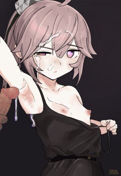 1boy 1girl annoyed arm_up armpit_focus armpit_sex armpits artist_name black_dress breasts cerealxs clothes_pull collarbone cum cum_on_armpits cum_on_body cum_on_breasts cum_on_hair cum_on_upper_body dark-skinned_male dark_skin dress dress_pull ejaculation embarrassed eyelashes facial girls'_frontline grey_hair half-closed_eye hetero interracial loli looking_at_another looking_to_the_side m200_(girls'_frontline) m200_(war_correspondent)_(girls'_frontline) male_masturbation masturbation medium_hair nipples official_alternate_costume parted_lips penis pink_eyes ponytail pulling_own_clothes purple_background shiny_skin sideways_glance simple_background sleeveless sleeveless_dress small_breasts solo_focus spaghetti_strap tsundere uncensored upper_body variant_set very_dark_skin