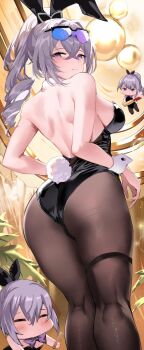 1girl animal_ears ass back backless_leotard bare_back bare_shoulders black_leotard black_pantyhose blush breasts chibi clone comb commentary_request cosmetics crossed_bangs drill_hair drill_ponytail eyewear_on_head fake_animal_ears fake_tail feet_out_of_frame from_behind from_below grey_eyes grey_hair half-closed_eyes highres holding holding_comb holding_lipstick_tube honkai:_star_rail honkai_(series) kneepits legs_together leotard lipstick lipstick_tube long_hair looking_at_viewer looking_back makeup medium_breasts pantyhose playboy_bunny ponytail purple-tinted_eyewear purple_eyes rabbit_ears rabbit_tail revision shibenc16e4 shoulder_blades silver_wolf_(honkai:_star_rail) single_drill solo tail thigh_strap thighs tinted_eyewear wrist_cuffs