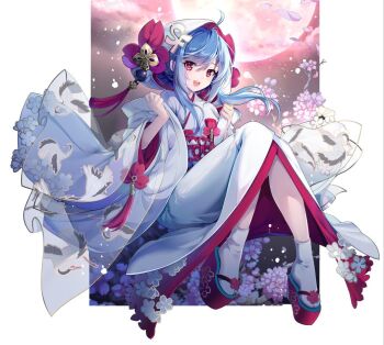 1girl animal_print bird_print blue_hair cherry_blossoms full_moon japanese_clothes k12io kimono looking_at_viewer moon okobo open_mouth original platform_clogs platform_sandals red_eyes red_shoes sandals shiromuku shoes socks solo tabi uchikake white_kimono white_socks