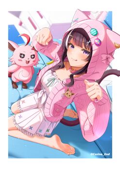 1girl :q animal_hood azki_(hololive) azki_(yurufuwa_casual)_(hololive) barefoot black_hair cardigan casino_(casinoep) cat_hood cat_tail choker colored_inner_hair commentary_request cropped_cardigan dress empire_waist feet hair_ornament hairclip highres hololive hood hood_up kneeling looking_at_viewer mole mole_under_eye multicolored_hair official_alternate_costume paw_pose pink_cardigan pink_choker pink_hair pioneer_neckerchief pleated_dress purple_eyes short_dress sidelocks soles streaked_hair tail toes tongue tongue_out virtual_youtuber white_dress white_hair