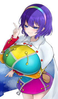 1girl absurdres arm_under_breasts bag blue_eyes blue_hair blush breasts buttons cape cloak cloud_print collared_cape dress hairband highres huge_breasts large_breasts light_blush long_sleeves multicolored_dress multicolored_hairband orange_sleeves patchwork_clothes pointing pointing_down pointing_up purple_hair rainbow_gradient rainbow_hairband rh_thunderriver short_hair simple_background skirt sky_print smile solo standing tenkyuu_chimata tight_clothes touhou white_background white_cape white_cloak zipper zipper_dress zipper_pull_tab zipper_skirt