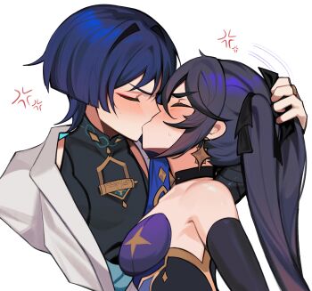 Rule 34 | 1boy, 1girl, absurdres, anger vein, black hair, black ribbon, blue hair, blush, breasts, choker, closed eyes, commentary, earrings, english commentary, genshin impact, hair ribbon, hetero, highres, japanese clothes, jewelry, kiss, leotard, long hair, mandarin collar, medium breasts, memeh, mona (genshin impact), purple hair, ribbon, scaramouche (genshin impact), simple background, sweat, twintails, upper body, wanderer (genshin impact), white background