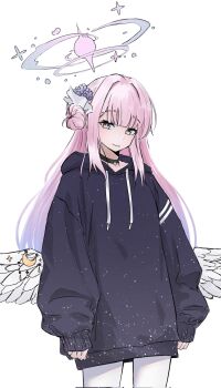 1girl alternate_costume black_choker black_hoodie blue_archive choker closed_mouth commentary corrupted_twitter_file feathered_wings flower gradient_hair guwall hair_bun hair_flower hair_ornament halo highres hood hood_down hoodie long_hair long_sleeves looking_at_viewer mika_(blue_archive) multicolored_hair pantyhose pink_hair purple_flower purple_hair simple_background single_side_bun sleeves_past_wrists solo very_long_hair white_background white_pantyhose wing_ornament wings yellow_eyes