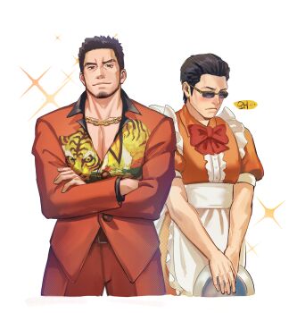 2boys ace_attorney alternate_costume animal_print averting_eyes bara beard blush chain chain_necklace cosplay cropped_legs crossdressing crossdressing_(mtf) crossed_arms enmaided eyebrow_cut facial_hair formal_clothes furio_tigre furio_tigre_(cosplay) higashi_tooru highres jacket jewelry judge_eyes kaito_masaharu large_pectorals long_sideburns looking_at_viewer maid male_focus male_maid mature_male multiple_boys muscular muscular_male necklace pectoral_cleavage pectorals phoenix_wright:_ace_attorney_-_trials_and_tribulations print_jacket red_suit ryuu_ga_gotoku_(series) sdz_(inazuma) short_hair shy sideburns smile sparkle sparkle_background suit sunglasses thick_eyebrows tiger_print translation_request