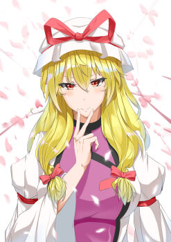 Rule 34 | 1girl, absurdres, blonde hair, bow, breasts, commentary, dress, falling petals, hair between eyes, hair bow, hat, hat ribbon, highres, kaijiba, large breasts, long hair, long sleeves, looking at viewer, mob cap, petals, pink petals, purple tabard, red bow, red eyes, red ribbon, ribbon, solo, tabard, touhou, upper body, v, white dress, white hat, wide sleeves, yakumo yukari