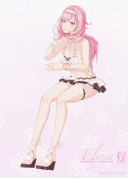 Rule 34 | 1girl, absurdres, bare shoulders, bikini, bikini skirt, blue eyes, bracelet, breasts, chailanyiqi, character name, chinese commentary, commentary request, elf, elysia (honkai impact), elysia (miss pink elf) (honkai impact), elysia (summer miss elf) (honkai impact), hairband, highres, honkai (series), honkai impact 3rd, jewelry, large breasts, long hair, medium hair, miyoushe watermark, necklace, official alternate costume, pink hair, platform sandals, pointy ears, sandals, scrunchie, shell, shell necklace, simple background, smile, solo, swimsuit, thigh strap, thighs, toes, very long hair, watermark, white background, white bikini, white hairband, wrist scrunchie