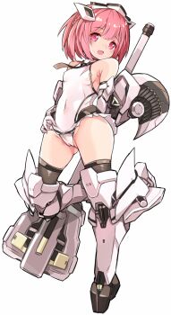 1girl :d aikawa_aika alice_gear_aegis armored_boots armpit_crease bare_shoulders black_necktie black_thighhighs boots breasts cameltoe commentary_request covered_erect_nipples covered_navel elbow_gloves frilled_leotard frills full_body gloves gluteal_fold headgear highleg highleg_leotard highres karukan_(monjya) knee_boots leotard long_sleeves looking_at_viewer mecha_musume mechanical_gloves medium_hair necktie open_mouth pink_eyes pink_hair simple_background small_breasts smile solo thighhighs white_background white_boots white_gloves white_leotard wide_hips