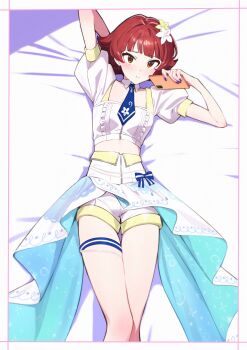 1girl :3 arm_behind_head blue_nails border breasts brown_eyes cellphone closed_mouth fingernails flower hair_flower hair_ornament hashtag-only_commentary highres holding holding_phone idolmaster idolmaster_million_live! idolmaster_million_live!_theater_days looking_at_viewer lying nail_polish nonohara_akane official_alternate_costume on_back phone puffy_short_sleeves puffy_sleeves red_hair shoes short_hair short_sleeves showgirl_skirt small_breasts smartphone solo thigh_strap white_flower white_shoes yabukara yellow_flower