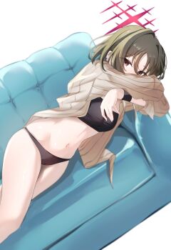 1girl absurdres bandeau barbell_piercing bikini bikini_under_clothes black_bandeau black_bikini blue_archive breasts brown_eyes brown_hair commentary covered_mouth crossed_arms ear_piercing halo highres industrial_piercing looking_at_viewer lying midriff misaki_(blue_archive) misaki_(swimsuit)_(blue_archive) navel official_alternate_costume on_bed on_side piercing pinstripe_pattern pinstripe_shirt red_halo shirt short_hair solo stomach striped_clothes striped_shirt swimsuit vertical-striped_clothes vertical-striped_shirt yahan_(mctr5253)