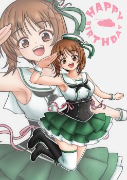 1girl absurdres amanone_yun birthday black_boots black_neckerchief boots commentary dress english_text frilled_dress frills girls_und_panzer girls_und_panzer_senshadou_daisakusen! green_dress grey_background happy_birthday hat highres jumping lace-up_boots layered_dress legs_up looking_at_viewer neckerchief nishizumi_miho official_alternate_costume open_mouth sailor_collar sailor_hat salute short_dress smile solo thighhighs tilted_headwear two-tone_dress white_dress white_hat white_sailor_collar white_thighhighs wrist_cuffs zoom_layer
