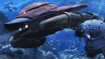 3d air_bubble bubble claws english_text fake_screenshot fleet glowing glowing_eye grabro gundam highres light_rays machinery mecha mecha_focus mobile_armor mobile_suit mobile_suit_gundam no_humans ocean one-eyed purple_eyes realistic robot roundel s.hasegawa science_fiction signature sunbeam sunlight underwater z'gok zeon