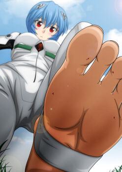 Rule 34 | ayanami rei, blue hair, blush, camerarius, dirty, dirty feet, feet, foot focus, from below, grass, mecha pilot suit, neon genesis evangelion, plugsuit (evangelion), pov, red eyes, short hair, soles, stirrup legwear, toeless legwear, toes