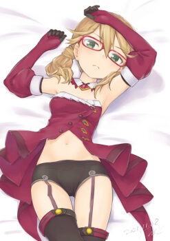 1girl alice_gear_aegis arm_on_own_head armpits bare_shoulders bed_sheet black_panties black_thighhighs blonde_hair blush breasts dated detached_collar dress elbow_gloves errant flipped_hair frilled_dress frills garter_straps glasses gloves green_eyes groin hair_between_eyes highres kotomura_akane light_frown looking_at_viewer lying navel on_back open_clothes open_dress panties partially_unbuttoned pleated_dress purple_dress purple_gloves red-framed_eyewear signature small_breasts stomach stomach_day strapless strapless_dress thighhighs twintails unbuttoned_dress underwear