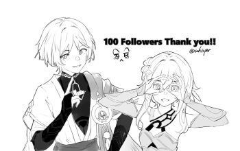 Rule 34 | 1boy, 1girl, alternate breast size (smaller), anemo symbol (genshin impact), arm at side, armor, blunt ends, bodysuit, bridal gauntlets, cape, choppy bangs, commentary, detached sleeves, diamond-shaped pupils, diamond (shape), double ok sign, english commentary, eyelashes, feathers, flat chest, flower, gem, genshin impact, greyscale, hair flower, hair intakes, hair ornament, halterneck, hand glasses, hand up, hands up, highres, index finger raised, japanese armor, japanese clothes, juban, kimono, kote, looking at viewer, lumine (genshin impact), mandarin collar, middle ring, milestone celebration, monochrome, ok sign, ok sign over eye, open clothes, open kimono, open mouth, parted bangs, pom pom (clothes), rope, sash, scaramouche (genshin impact), scarf, short hair, short hair with long locks, short sleeves, sidelocks, smile, symbol-shaped pupils, tsurime, twitter username, vambraces, vision (genshin impact), wanderer (genshin impact), whisper (suisuibingtang), white background