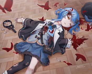 1girl amputee artist_name black_bag black_hat black_pantyhose blood blood_on_clothes blood_on_face blood_on_ground blood_splatter blue_hair blue_skirt braid braided_hair_rings broken_glass bug butterfly commentary_request corpse dated death empty_eyes frilled_skirt frills from_above glass grey_vest gunshot_wound guro hair_rings haruno_under hat highres insect long_sleeves lying mahou_shoujo_no_majo_saiban miniskirt on_back on_ground open_mouth pantyhose pleated_skirt red_butterfly rope_mark_on_neck rope_marks short_hair single_leg_pantyhose skirt solo tachibana_sherry unworn_hat unworn_headwear vest yellow_eyes