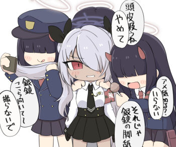 4girls :d armband black_gloves black_necktie black_ribbon black_skirt blue_archive blue_jacket blush_stickers candy chibi collared_shirt dark-skinned_female dark_skin faceless faceless_female food gloves grey_hair hair_over_eyes hair_over_one_eye hair_ribbon halo highres holding holding_candy holding_food holding_lollipop horns iori_(blue_archive) jacket lollipop long_hair long_sleeves miranofuudoria multiple_girls necktie open_mouth pleated_skirt prefect_team_member_(blue_archive) puffy_long_sleeves puffy_sleeves red_eyes red_necktie ribbon shirt simple_background skirt sleeves_past_wrists small_sweatdrop smile sweat translation_request twintails very_long_hair white_background white_shirt