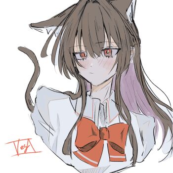 Rule 34 | 1girl, :/, animal ears, ashigaya high school uniform, blush, bow, bowtie, braid, brown hair, cat ears, cat tail, closed mouth, collared shirt, colored inner hair, commentary, expressionless, hair intakes, half up braid, highres, koto satsuki, long hair, multicolored hair, one ear down, orange eyes, purple hair, red bow, red bowtie, school uniform, shirt, signature, solo, tail, vega (vegs435091), watashi ga koibito ni nareru wake naijan murimuri!, white shirt