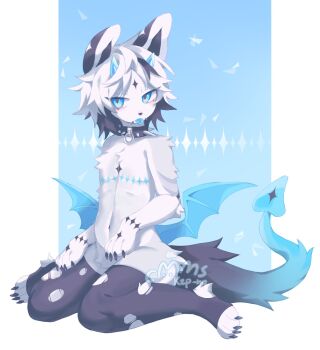 1boy androgynous animal_ears animal_feet animal_hands black_hair black_thighhighs blue_background blue_eyes blue_horns blue_tail blue_tongue border claws collar colored_tongue commentary commission demon_boy demon_horns demon_tail demon_wings digitigrade english_commentary furry furry_male gender_transitioning highres horns looking_at_viewer male_focus mastectomy_scar multicolored_hair neku_boo nude original red_pupils scar scar_on_chest short_hair simple_background sitting solo spiked_collar spikes tail thighhighs tongue tongue_out torn_clothes torn_thighhighs two-tone_hair wariza white_border white_hair wings