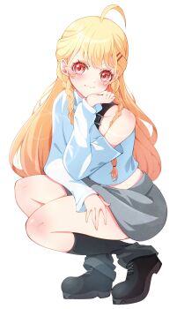 1girl absurdres ahoge bare_shoulders black_boots blonde_hair blush boots braid detached_sleeves full_body grey_skirt highres hololive kentotto long_hair long_sleeves looking_at_viewer otonose_kanade red_eyes shirt simple_background single_detached_sleeve skirt smile solo squatting twin_braids virtual_youtuber white_background white_shirt white_skirt