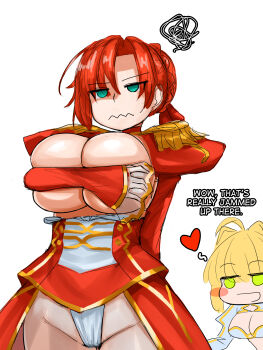 absurdres annoyed asymmetrical_bangs bikini blonde_hair blush boudica_(fate) boudica_(fate)_(cosplay) breasts cosplay covering_breasts covering_privates dress epaulettes fate/grand_order fate_(series) frown gloves green_eyes heart highres large_breasts nero_claudius_(fate) nero_claudius_(fate)_(cosplay) ponytail red_dress red_hair shrug_(clothing) steamingtofu swimsuit white_bikini white_gloves