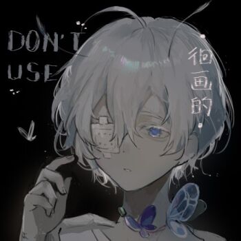1boy ahoge black_background blue_eyes chinese_commentary colored_eyelashes commentary_request commission eyepatch hand_up lowres male_focus medical_eyepatch original parted_lips portrait shirt short_hair solo vihua6 watermark white_hair white_shirt