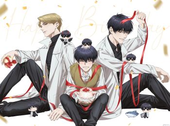 Rule 34 | 6+boys, aurumu, black eyes, black hair, black shirt, blonde hair, cake, coat, collared shirt, commentary, confetti, english commentary, feet out of frame, food, gift, grin, happy birthday, head tilt, high collar, highres, holding, holding cake, holding food, holding gift, kim dokja, knees apart feet together, lee hakhyun, looking at viewer, mini person, miniboy, multiple boys, multiple persona, oldest dream, omniscient reader's viewpoint, open clothes, open coat, ribbon, shirt, short hair, sitting, smile, strawberry cake, vest, white coat, white shirt, yellow vest