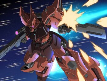 amakawa_mayu beam_rifle commentary_request commission energy_gun exhaust finger_on_trigger firing flying_sweatdrops gelgoog_jager glowing glowing_eye gun gundam gundam_0083 holding holding_gun holding_weapon horns mecha mecha_focus mobile_suit motion_lines no_humans one-eyed outstretched_arm purple_eyes robot science_fiction single_horn skeb_commission solo space star_(sky) weapon zeon