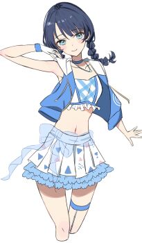 Rule 34 | 1girl, arm up, armpits, bandeau, bare shoulders, bien (djpwjd1), blue choker, blue eyes, blue hair, blue jacket, braid, choker, collarbone, commentary, cropped legs, feet out of frame, frilled bandeau, frilled skirt, frills, highres, hood, hooded jacket, jacket, jewelry, link! like! love live!, long hair, looking at viewer, love live!, low twin braids, miniskirt, murano sayaka, necklace, open clothes, open jacket, pleated skirt, rebirth for you, simple background, skirt, sleeveless, sleeveless jacket, solo, twin braids, virtual youtuber, white background, white bandeau, white skirt