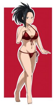 10s 1girl barefoot bikini black_eyes black_hair boku_no_hero_academia breasts cleavage full_body highres j@ck large_breasts red_bikini swimsuit yaoyorozu_momo