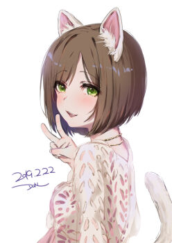 1girl animal_ear_fluff animal_ears blush brown_hair cat_ears cat_tail clothing_cutout dated dqn_(dqnww) fang green_eyes idolmaster idolmaster_cinderella_girls jacket kemonomimi_mode looking_at_viewer looking_to_the_side maekawa_miku short_hair signature simple_background smile solo tail upper_body v white_background white_jacket