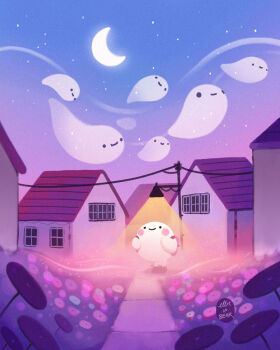 artist_name blush building city commentary crescent_moon ellievsbear english_commentary flower ghost highres house moon night no_humans original outdoors path plant road signature sky smile solid_circle_eyes standing window