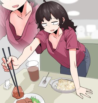 1girl absurdres ahoge assha_(schector) black_hair breasts chopsticks commentary_request cup denim downblouse drinking_glass food highres holding holding_chopsticks jeans medium_hair multi-source_commentary nipple_slip nipples no_bra original outstretched_arm pants red_shirt sanpaku shirt short_sleeves small_breasts smile spoon t-shirt zoom_layer