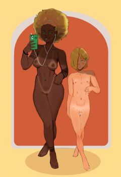 Rule 34 | adonis (moitasart), afro, barefoot, blonde hair, breasts, cellphone, censored, daniela (moitasart), dark-skinned female, dark skin, highres, moitasart, navel piercing, nipple piercing, nude, nudist, original, penis, phone, piercing, pubic hair, smartphone, smile, tan, tattoo, thighs