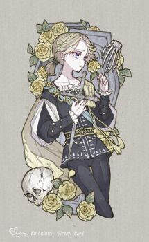 0sea0dove 1boy aesop_carl aesop_carl_(hamlet) belt black_belt black_pants black_tunic blonde_hair blue_sash cape character_name coffin collarbone commentary_request cropped_legs expressionless flower frilled_sleeves frills green_eyes hand_on_own_chest highres holding holding_flower holding_sword holding_weapon identity_v layered_sleeves leaf long_sleeves looking_ahead low_ponytail male_focus medium_hair official_alternate_costume pants parted_bangs parted_lips ponytail puffy_sleeves rose sash shirt short_over_long_sleeves short_sleeves short_sword shoulder_sash simple_background skeletal_hand skull solo standing sword tassel tunic weapon white_shirt white_sleeves yellow_background yellow_cape yellow_flower yellow_rose