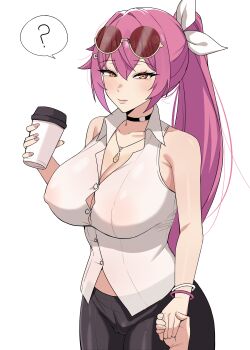 1boy 1girl ? absurdres armpit_crease bare_shoulders black_choker black_pants bracelet breasts bursting_breasts cameltoe chihel choker collarbone covered_erect_nipples cowboy_shot cup eyelashes eyewear_on_head hair_between_eyes hair_intakes hair_ribbon highres holding holding_cup holding_hands huge_breasts jewelry long_hair looking_at_viewer necklace orange_eyes original pants ponytail purple_hair ribbon see-through_clothes see-through_shirt shirt simple_background smile solo_focus spoken_question_mark sunglasses very_long_hair white_background