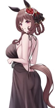 1girl alan_(210bush) animal_ears backless_dress backless_outfit bare_arms blush braid braided_hair_rings breasts brown_hair brown_tail commentary_request dress ear_covers from_behind gentildonna_(umamusume) hair_rings heart_ear_ornament highres horse_ears horse_girl horse_tail large_breasts long_hair looking_at_viewer looking_back open_mouth red_eyes see-through_clothes see-through_dress sidelocks simple_background solo standing tail umamusume white_background