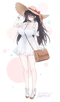 Rule 34 | 1girl, absurdres, adversarial noise, alternate costume, azur lane, bag, black hair, blush, bracelet, breasts, cleavage, dress, full body, hat, highres, jewelry, large breasts, livetarica, long hair, purple eyes, shoes, signature, solo, spaghetti strap, sun hat, sundress, very long hair, white background, white dress, white shoes, z11 (azur lane)