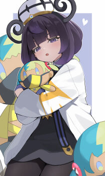 blue_gloves bob_cut canari_(pokemon) canari_plush_(pokemon) coat gloves gwynn_(pokemon) highres mega_stone nintendo open_clothes open_coat pokemon pokemon_legends:_z-a ura_(hamburg_oniku) white_coat