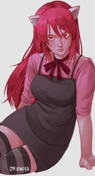 1girl acropiromaquia arm_support black_dress closed_mouth commentary dress elfen_lied english_commentary grey_background highres horns long_hair looking_at_viewer lucy_(elfen_lied) pink_shirt red_eyes red_hair red_ribbon ribbon shirt simple_background solo striped_clothes striped_thighhighs thighhighs