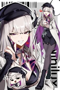 1girl artist_name black_boots black_gloves black_hat black_pantyhose boots breasts cleavage coat colored_inner_hair commentary_request elbow_gloves fukafuka_ekaki glasses gloves grey_coat grey_hair grey_shirt grin hat highres holding holding_brush honkai:_star_rail honkai_(series) jewelry large_breasts long_hair looking_at_viewer multicolored_hair necklace newsboy_cap nihilux_(honkai:_star_rail) open_clothes open_coat pantyhose partially_fingerless_gloves pencil_skirt purple_eyes purple_hair shirt skirt smile solo two-tone_hair