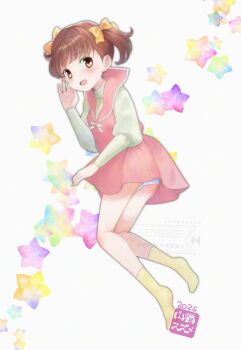 1girl arm_up ass brown_eyes brown_hair commentary_request dress fancy_lala feet highres kneepits legs loli long_hair looking_back no_shoes open_mouth panties panty_peek pink_dress ribbon shinohara_miho short_dress smile socks soles solo thighs twintails underwear white_panties yamaneko_suzume yellow_ribbon yellow_socks