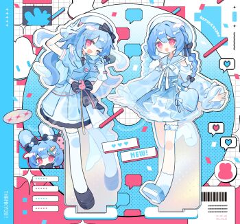 Rule 34 | 2girls, :d, ;d, arm up, black bow, black necktie, black shoes, blue dress, blue hair, blue shoes, blue skirt, blush stickers, bow, bowtie, braid, clothing cutout, collared shirt, commentary, commission, dot nose, double-parted bangs, dress, full body, gloves, hair between eyes, hair bow, hand up, hashtag-only commentary, hat, hatsushiro mamimu, highres, holding, holding microphone, long hair, long sleeves, looking at viewer, microphone, multiple girls, necktie, one eye closed, open mouth, original, outline, pink eyes, sailor collar, shirt, shoes, short sleeves, shoulder cutout, skeb commission, skirt, smile, socks, standing, thighhighs, twin braids, white bow, white bowtie, white gloves, white hat, white outline, white sailor collar, white shirt, white socks, white thighhighs, zettai ryouiki