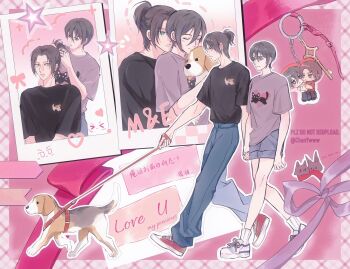 1boy 1girl black_hair black_shirt blue_pants brown_hair cat chanyuanyyy character_charm charm_(object) closed_eyes contemporary denim dog eren_yeager facial_scar full_body green_eyes grey_eyes grey_shorts hair_between_eyes hands_in_another's_hair highres holding holding_hands holding_leash hug hug_from_behind jeans key keyring leash mikasa_ackerman multiple_views pants parted_bangs pet_walking polaroid_photo ponytail print_shirt red_shoes scar scar_on_cheek scar_on_face shingeki_no_kyojin shirt shoes short_hair shorts smile sneakers t-shirt twitter_username updo upper_body walking white_shoes