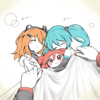 3girls a.i._voice adachi_rei age_difference amau_totori black_hairband black_shirt black_sleeves blanket blue_hair blush character_doll child closed_eyes commentary_request detached_sleeves doll grey_shirt hair_between_eyes hairband hatsune_miku headlamp highres holding holding_blanket hood hooded_jacket jacket kasane_teto kasane_teto_(utau) microphone multiple_girls orange_hair parted_lips radio_antenna red_nails shirt sleeveless sleeveless_shirt squeans stuffed_toy twintails utau vocaloid white_background white_jacket